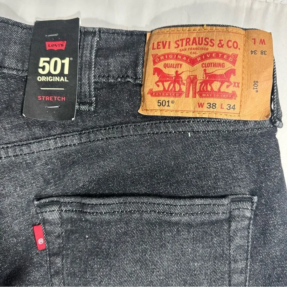 NWT Levi 501 Original Jeans Men 38x34 Faded Black Stretch Denim Button Fly